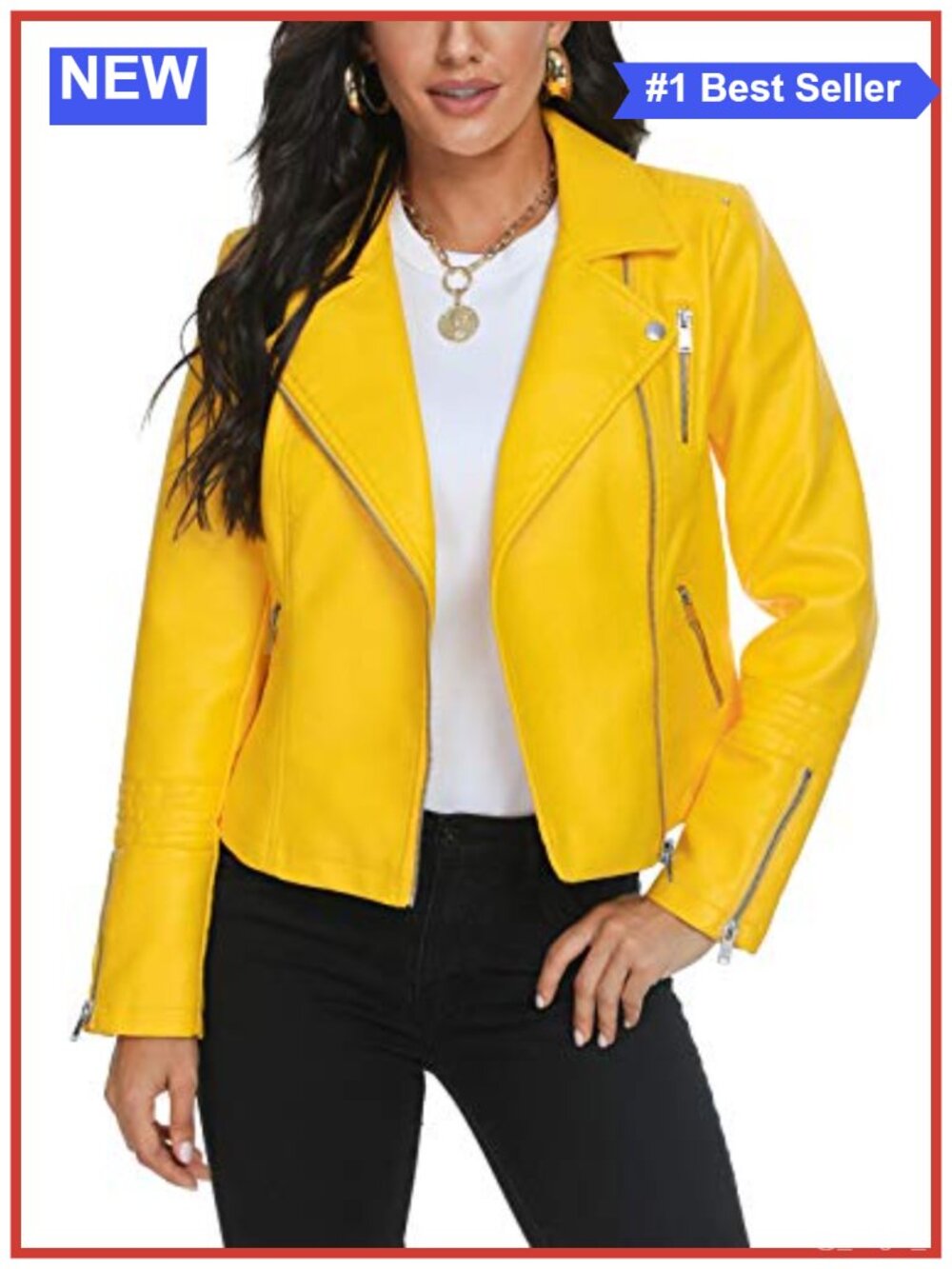 Faux Leather Moto Jacket Tailored Fit Wing Collar